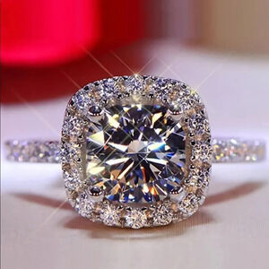 NEW! 18K White Gold Plated Round Brilliant-Cut Halo Diamond Engagement Ring
